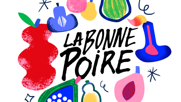 the image represent "la bonne poire" logo, with the name of the organisation in the center and colorful illustrations of foods around it