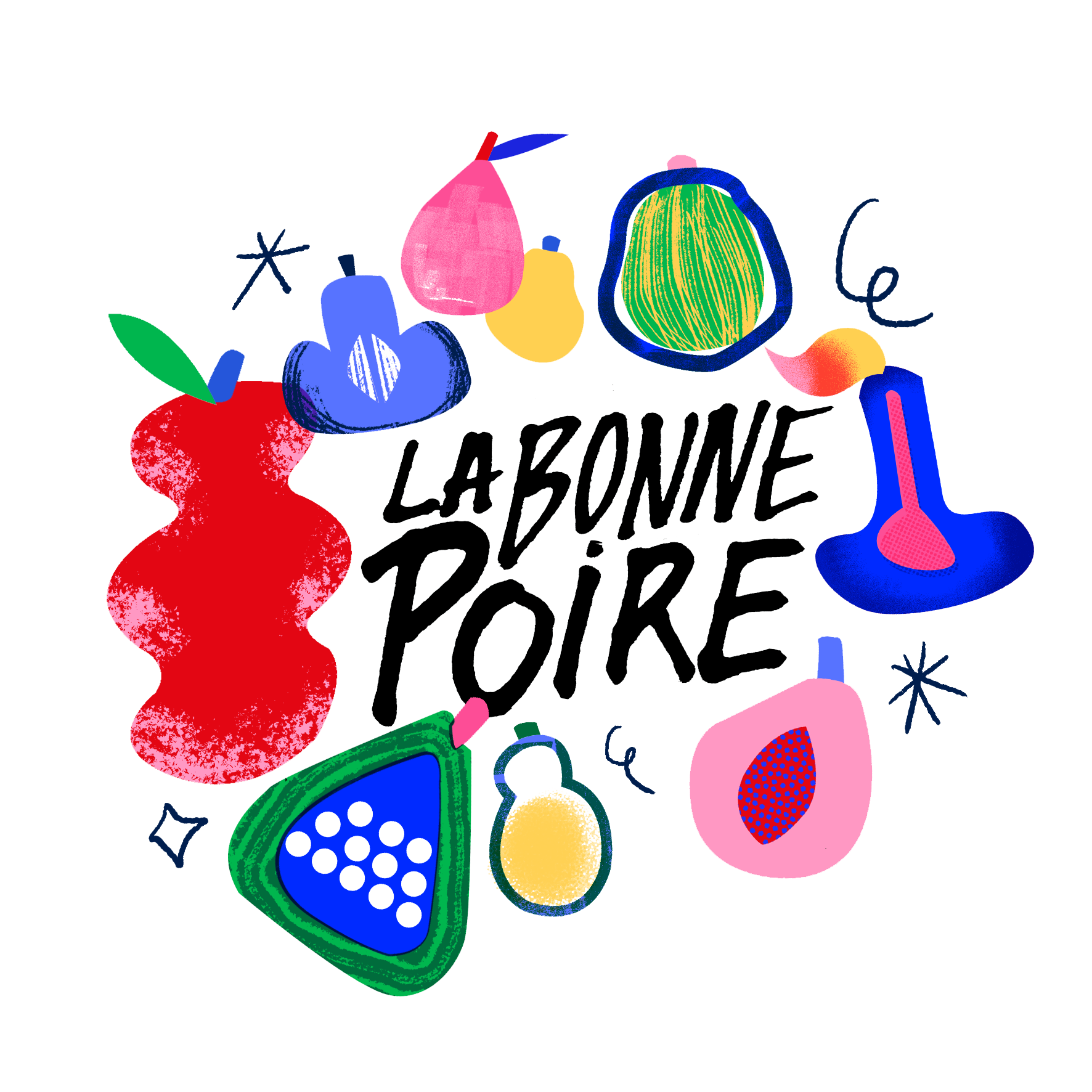 the image represent "la bonne poire" logo, with the name of the organisation in the center and colorful illustrations of foods around it