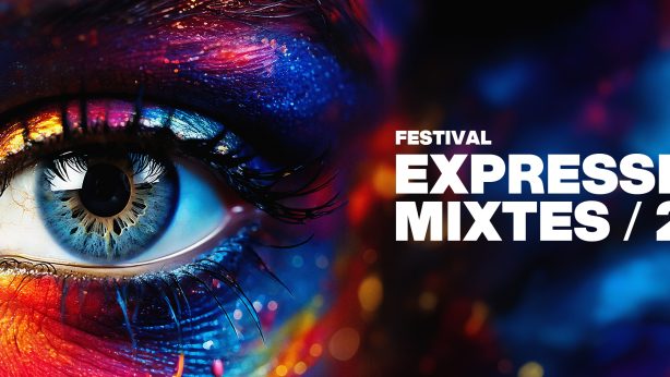 Logo du Festival Expression Mixtes 2025, realistic eye with colours all around it