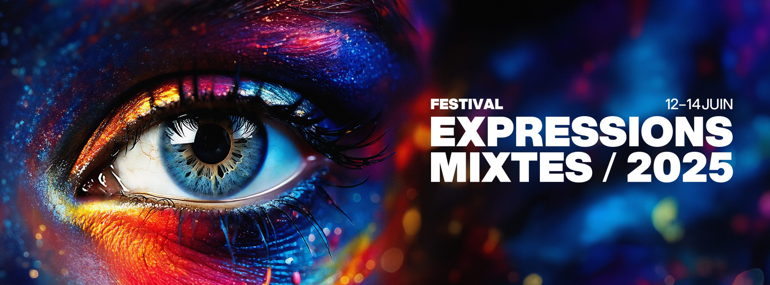 Logo du Festival Expression Mixtes 2025, realistic eye with colours all around it
